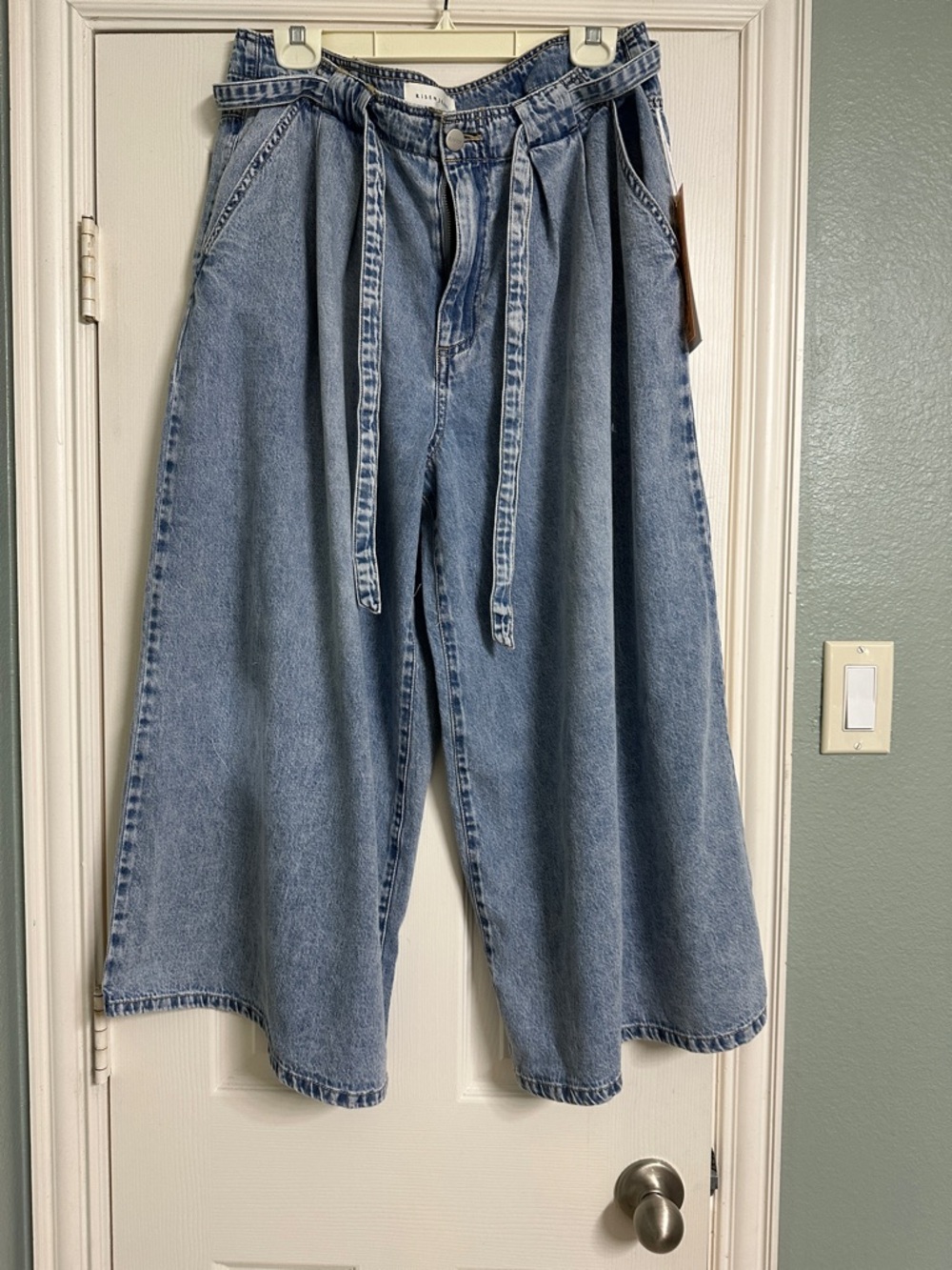 Wide Leg Light Wash Denim Pants with Tie Belt